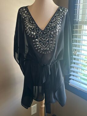 Michael Kors Black Sheer Embellished V-Neck Tunic Caftan Beach Cover